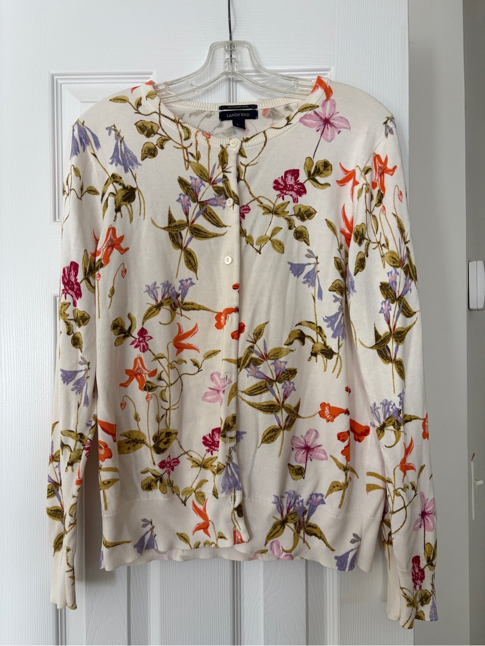 LANDS' END Cream Floral Button-Front Women's Sweater